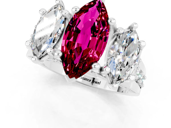 White gold Marquise Cut Garnet Three-Stone Ring with Channel Set Band and Four-Prong Setting