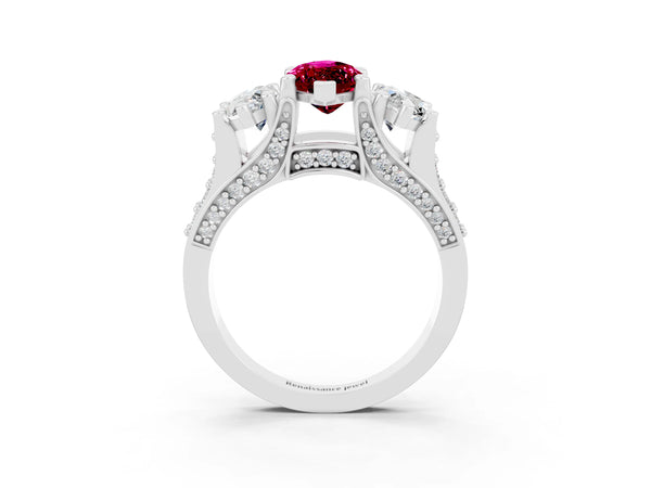 Silver Marquise Cut Garnet Three-Stone Ring with Channel Set Band and Four-Prong Setting