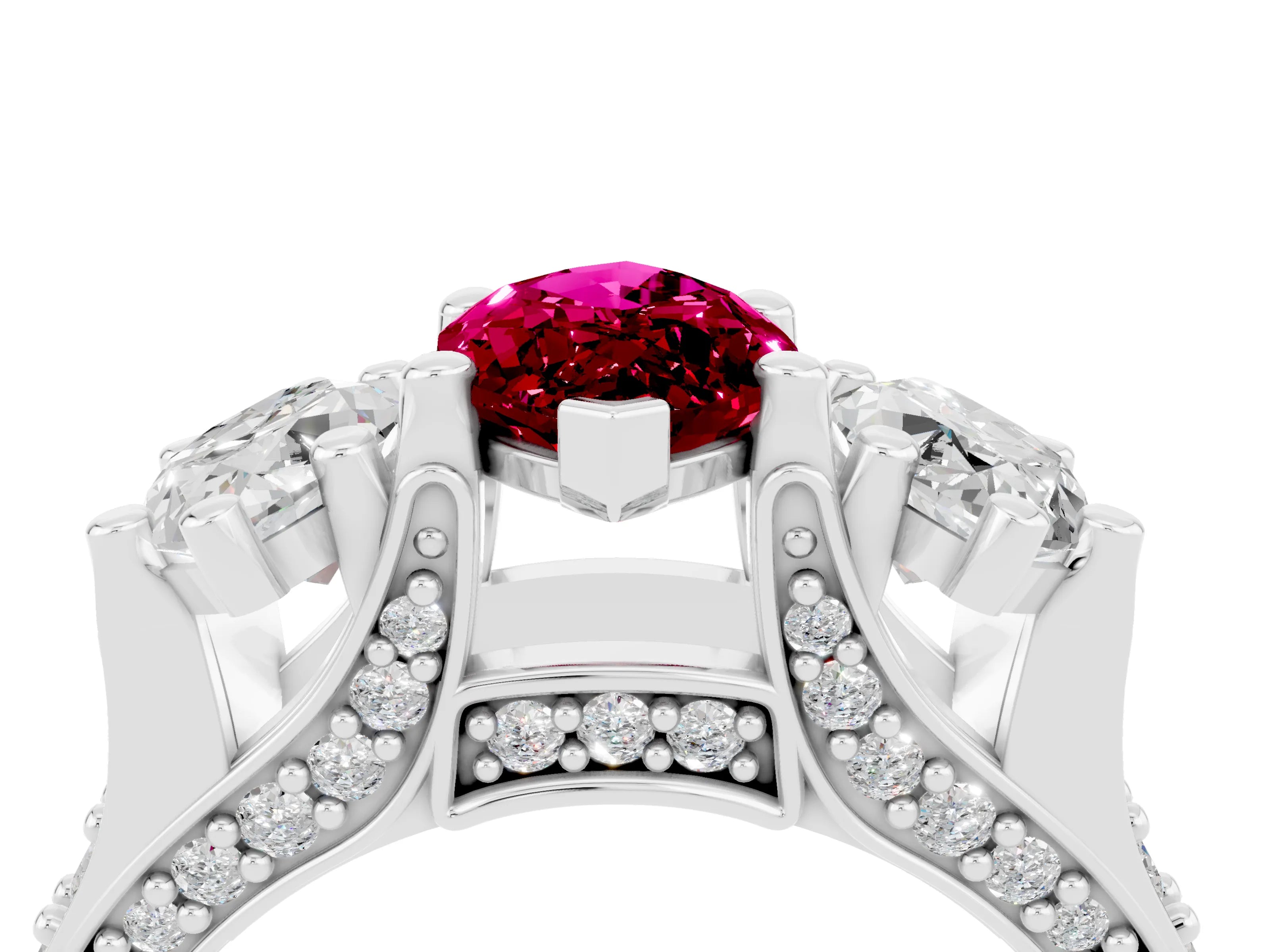 White gold Marquise Cut Garnet Three-Stone Ring with Channel Set Band and Four-Prong Setting_4