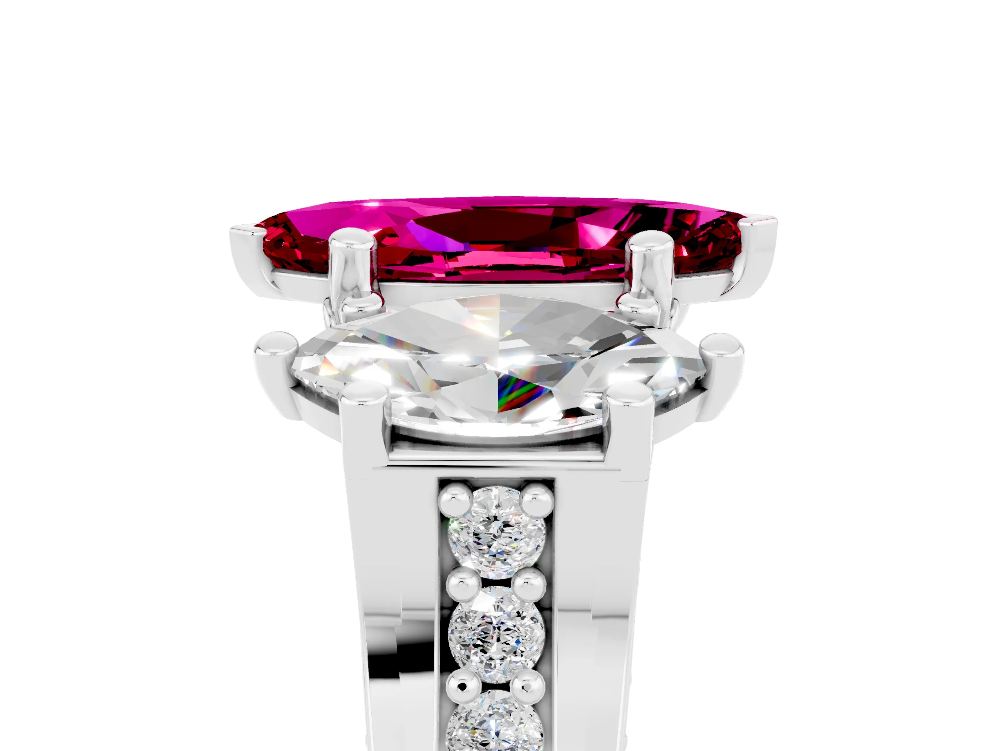 White gold Marquise Cut Garnet Three-Stone Ring with Channel Set Band and Four-Prong Setting_5