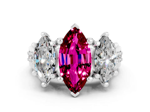 White gold Marquise Cut Garnet Three-Stone Ring with Channel Set Band and Four-Prong Setting