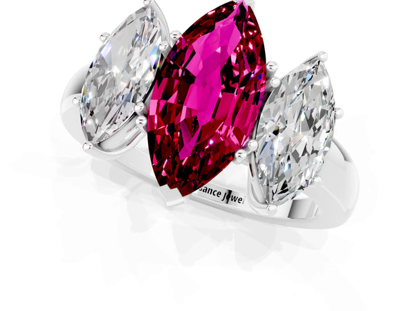 Platinum Marquise Cut Garnet Three-Stone Ring with Four-Prong Setting and Classic Band