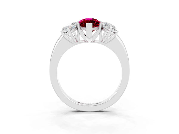 Platinum Marquise Cut Garnet Three-Stone Ring with Four-Prong Setting and Classic Band
