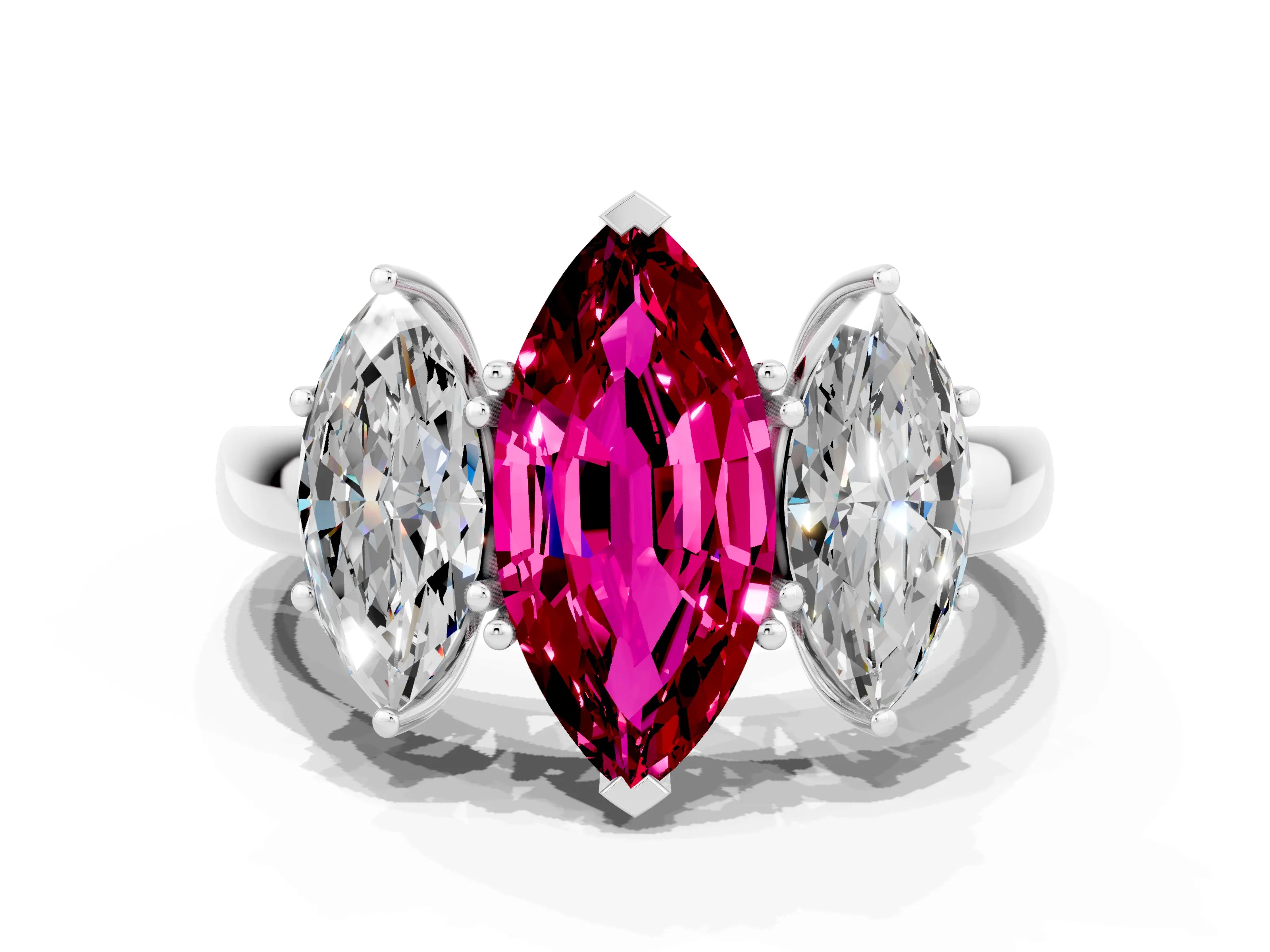 White gold Marquise Cut Garnet Three-Stone Ring with Four-Prong Setting and Classic Band