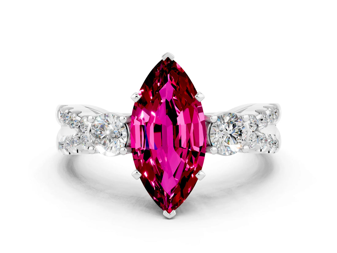 White gold Marquise Cut Garnet Three-Stone Ring with Pavé Split Shank and Four-Prong Setting_12