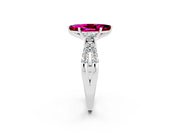 White gold Marquise Cut Garnet Three-Stone Ring with Pavé Split Shank and Four-Prong Setting