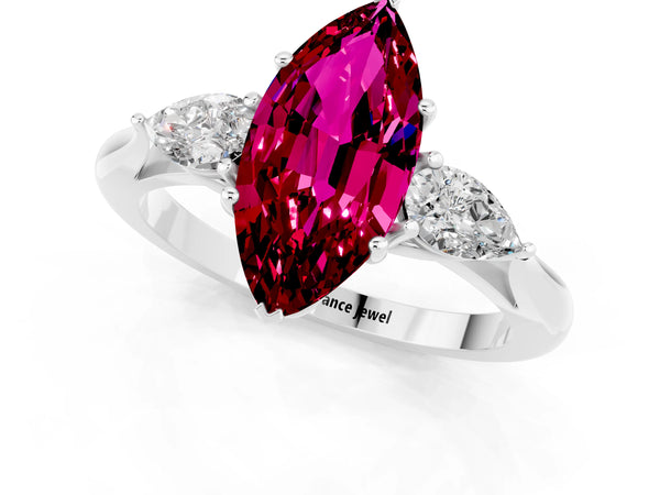 Platinum Marquise Cut Garnet Three-Stone Ring with Pear  Side Stones and Prong Setting