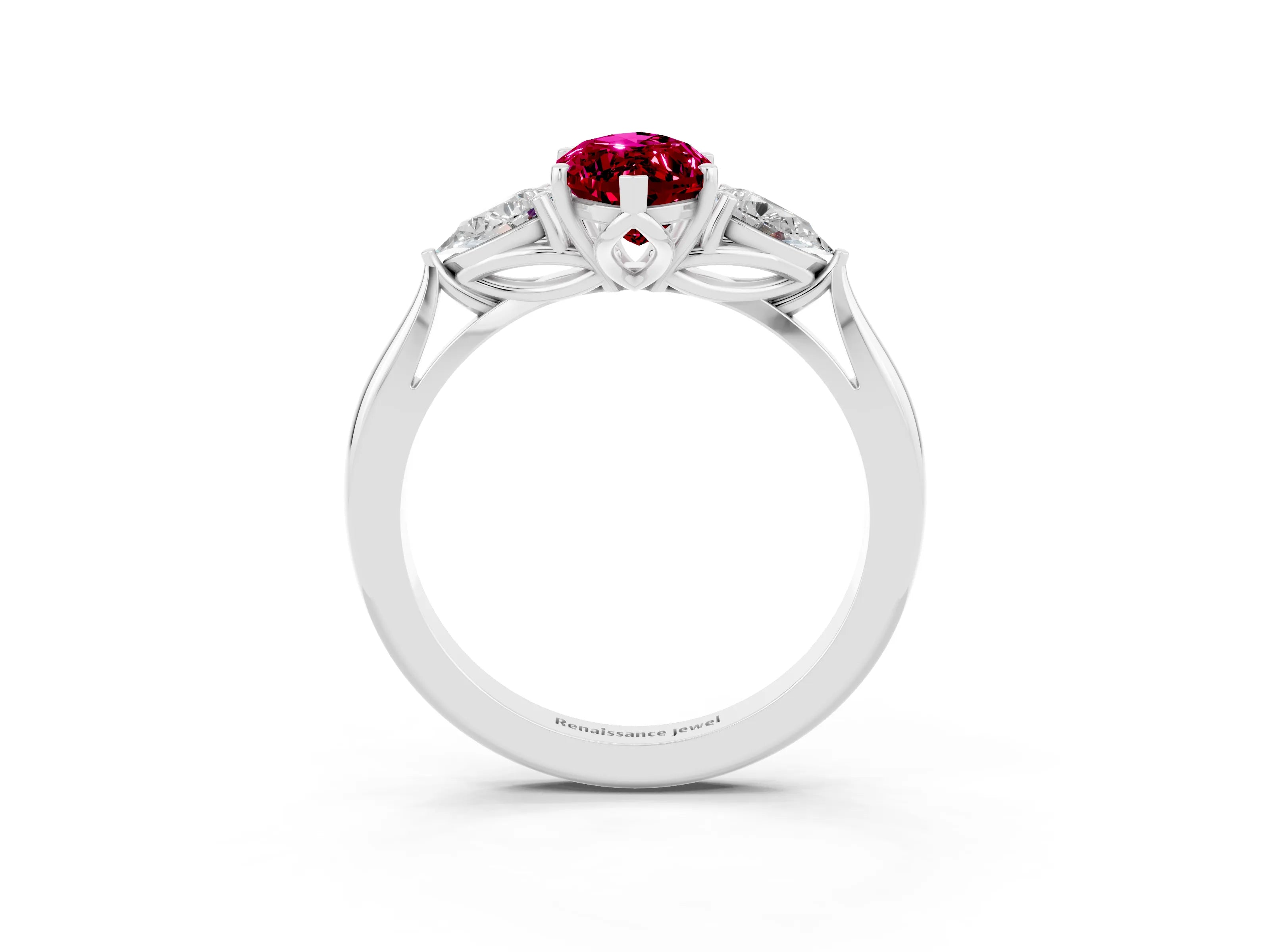 White gold Marquise Cut Garnet Three-Stone Ring with Pear Side Stones and Four-Prong Setting_15