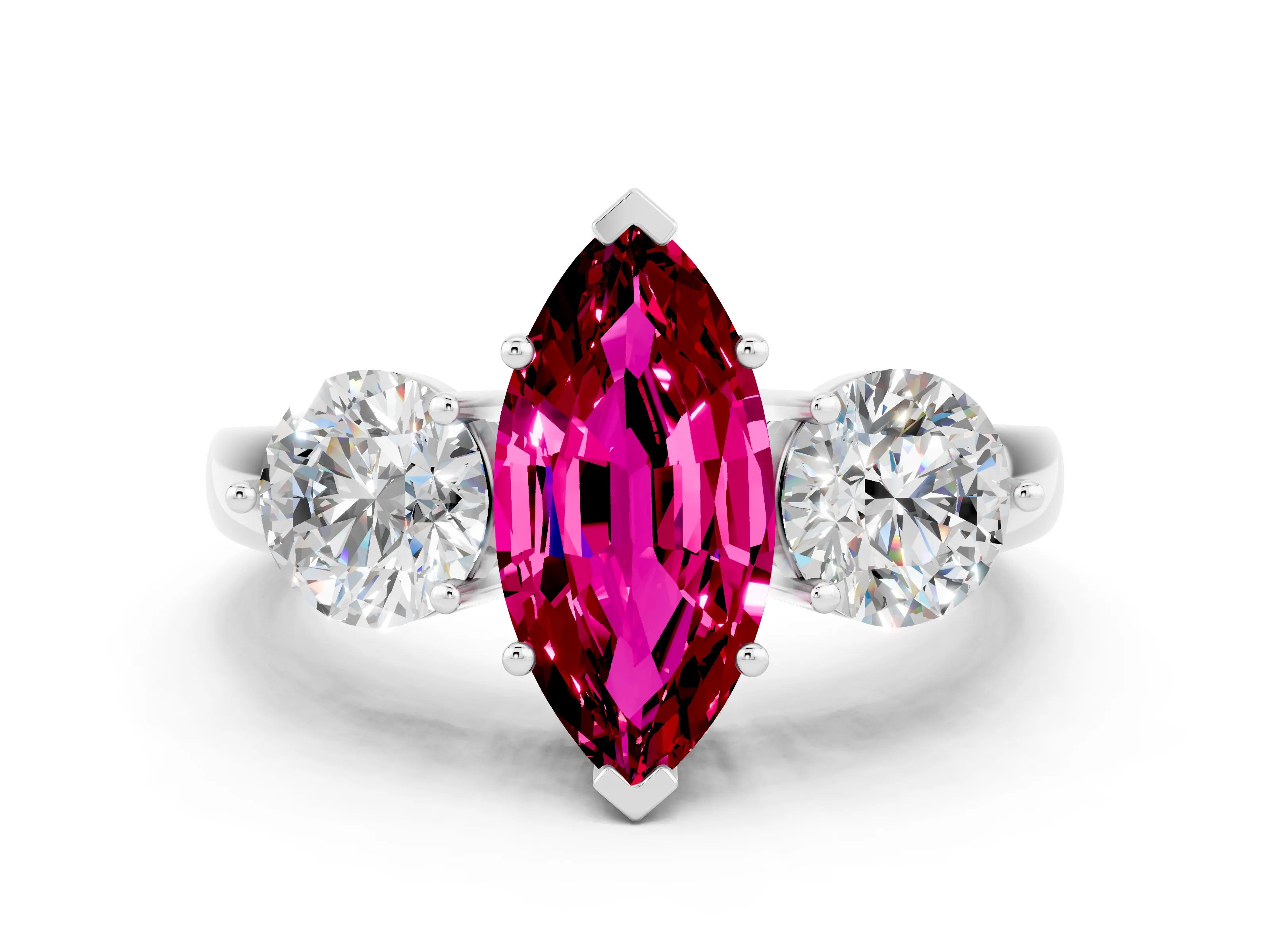 White gold Marquise Cut Garnet Three-Stone Ring with Prong Setting and Classic Band