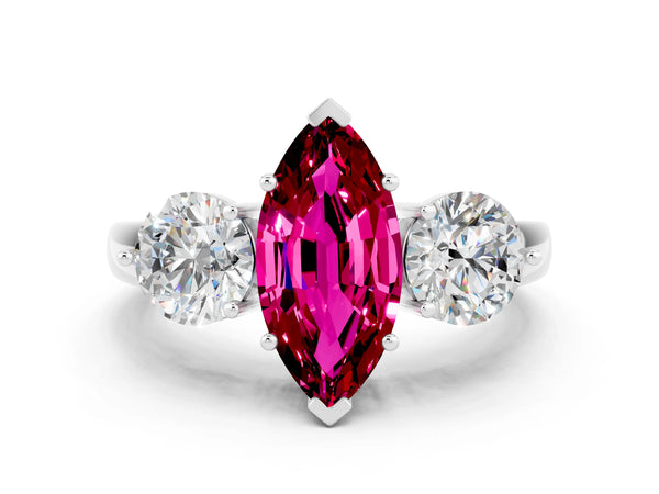 Platinum Marquise Cut Garnet Three-Stone Ring with Prong Setting and Classic Band