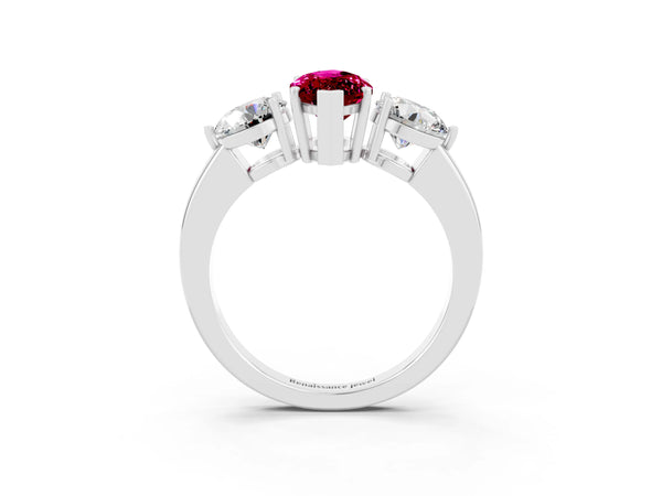 Platinum Marquise Cut Garnet Three-Stone Ring with Prong Setting and Classic Band