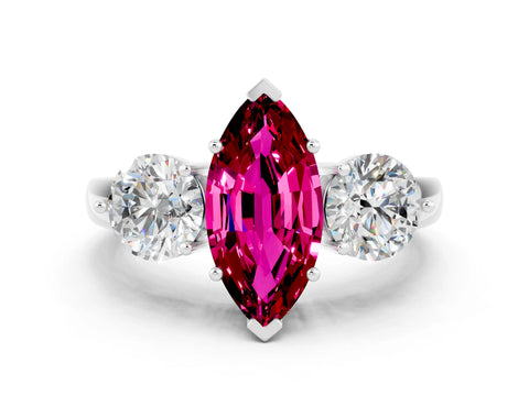 White gold Marquise Cut Garnet Three-Stone Ring with Prong Setting and Classic Band