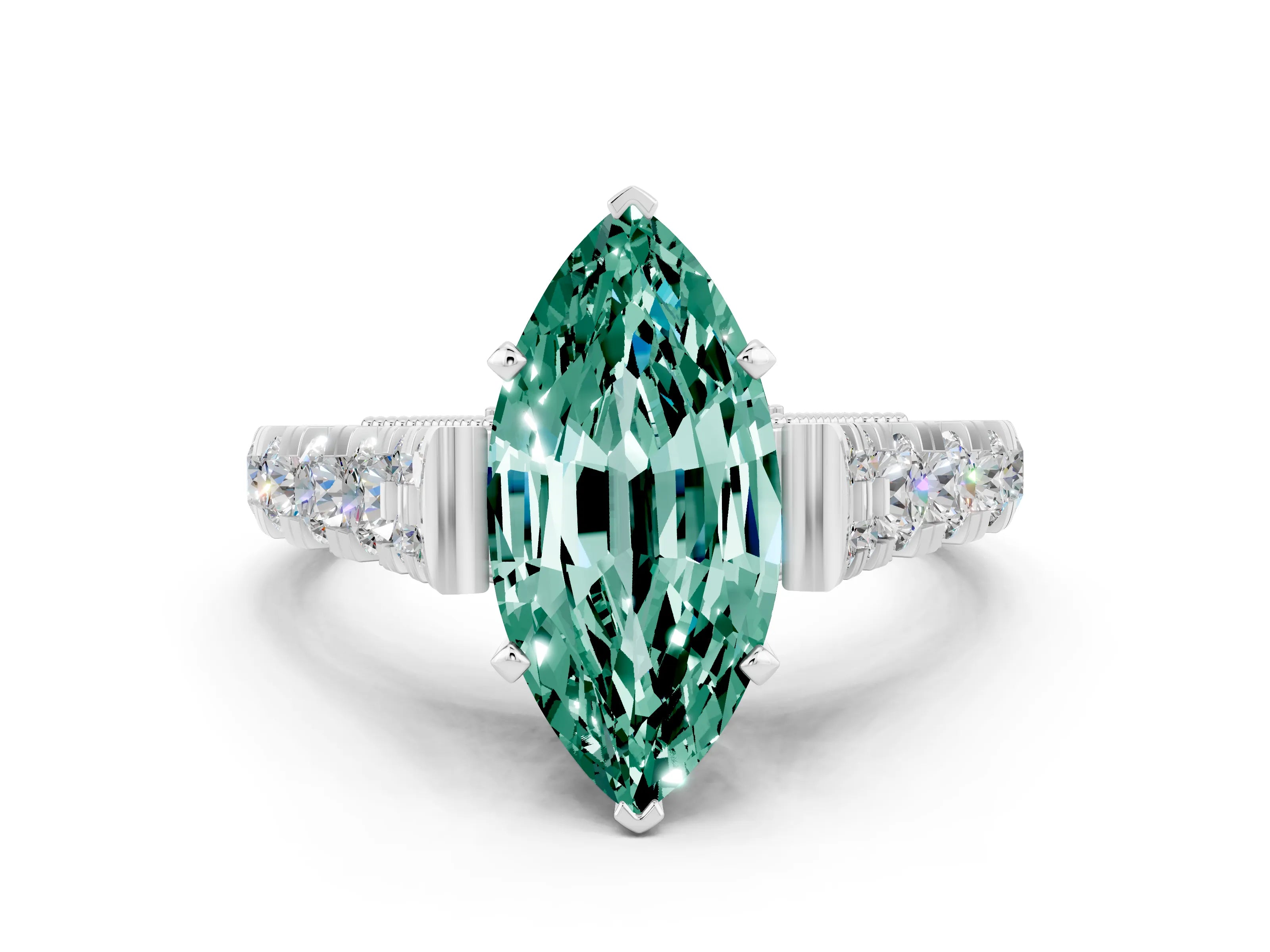 White gold Marquise Cut Green Sapphire Classic Solitaire Ring with Pavé Band and Four-Prong Setting
