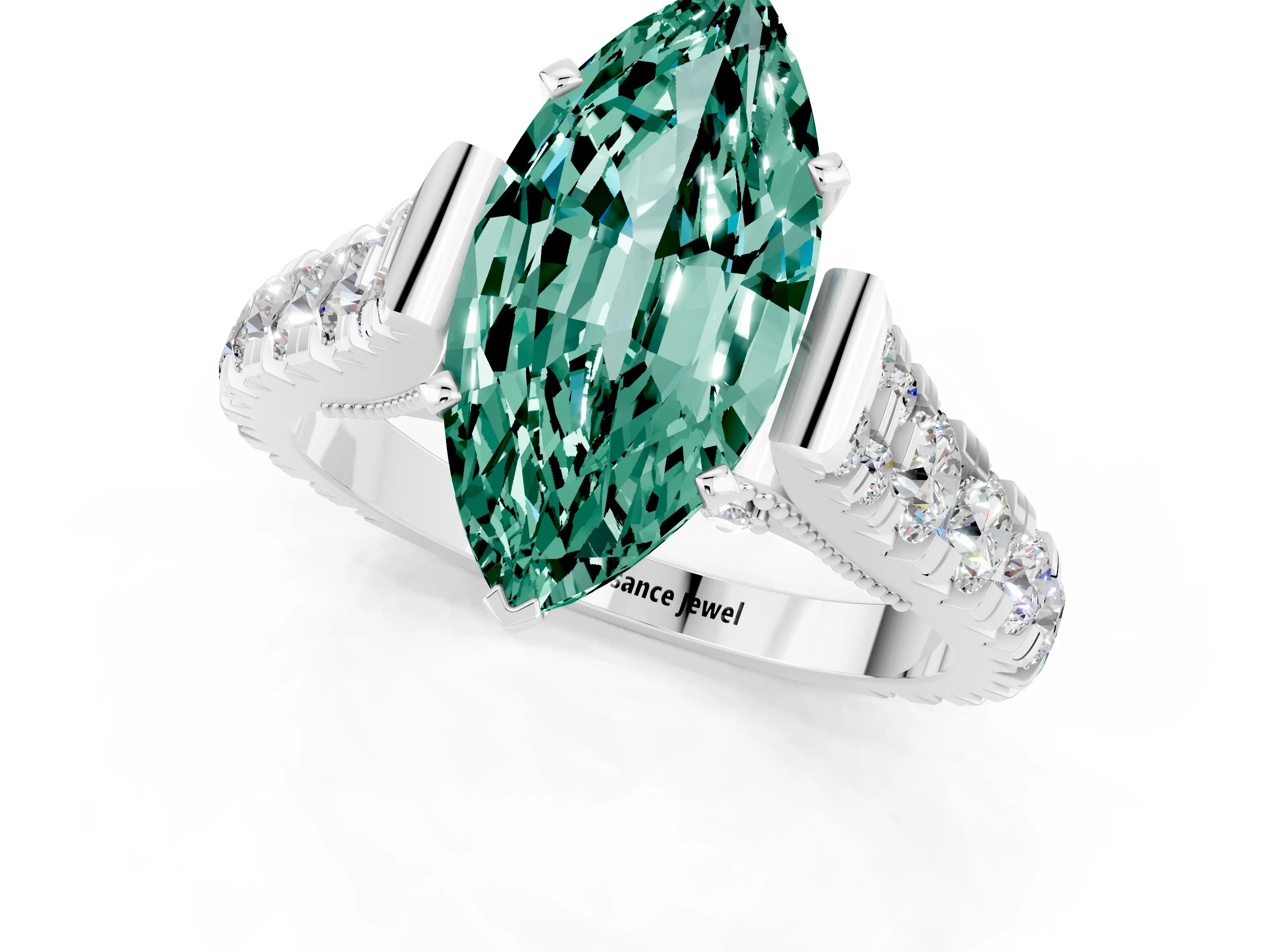White gold Marquise Cut Green Sapphire Classic Solitaire Ring with Pavé Band and Four-Prong Setting_1