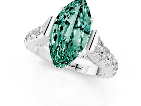 White gold Marquise Cut Green Sapphire Classic Solitaire Ring with Pavé Band and Four-Prong Setting_1