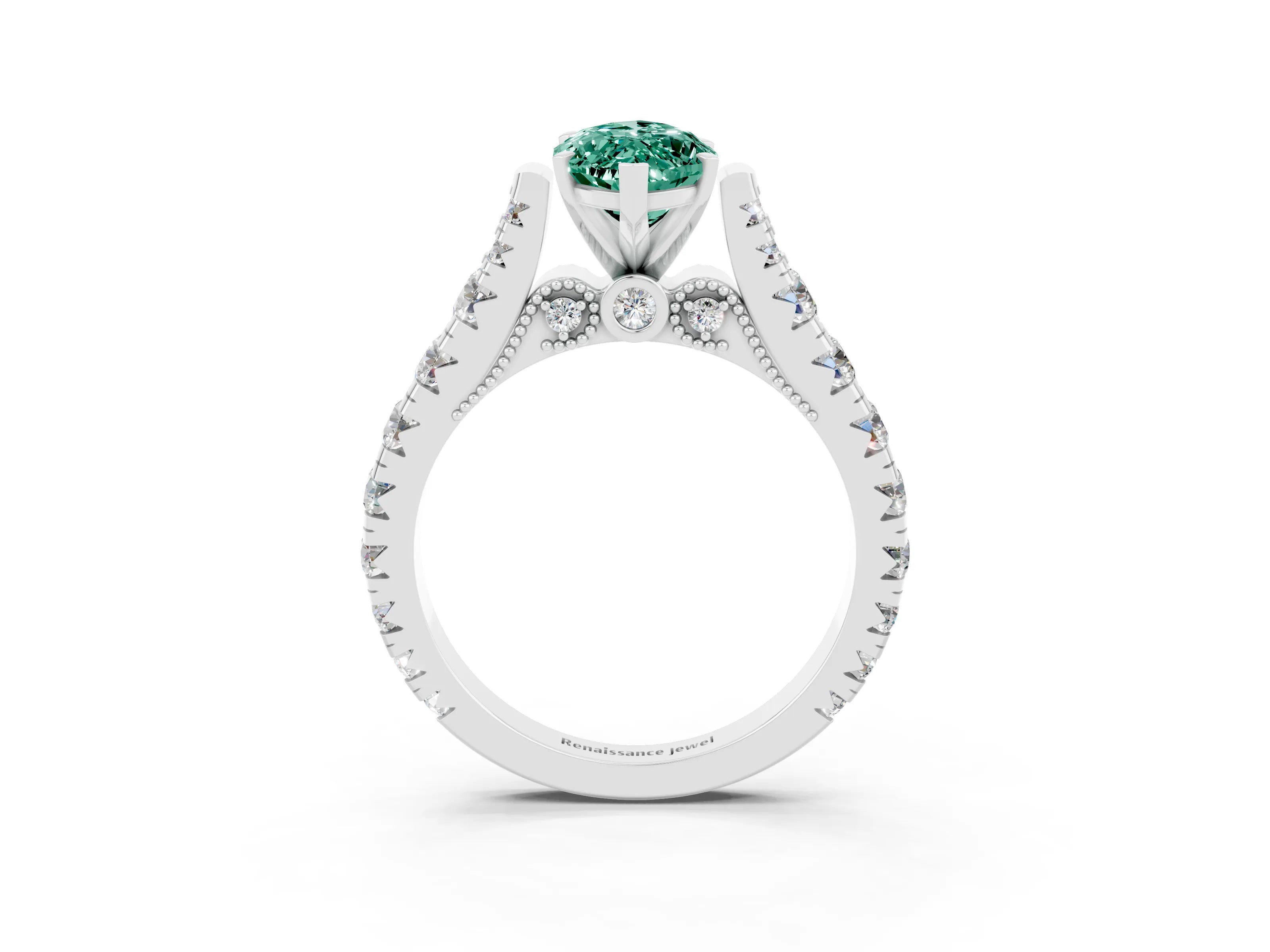 White gold Marquise Cut Green Sapphire Classic Solitaire Ring with Pavé Band and Four-Prong Setting_3