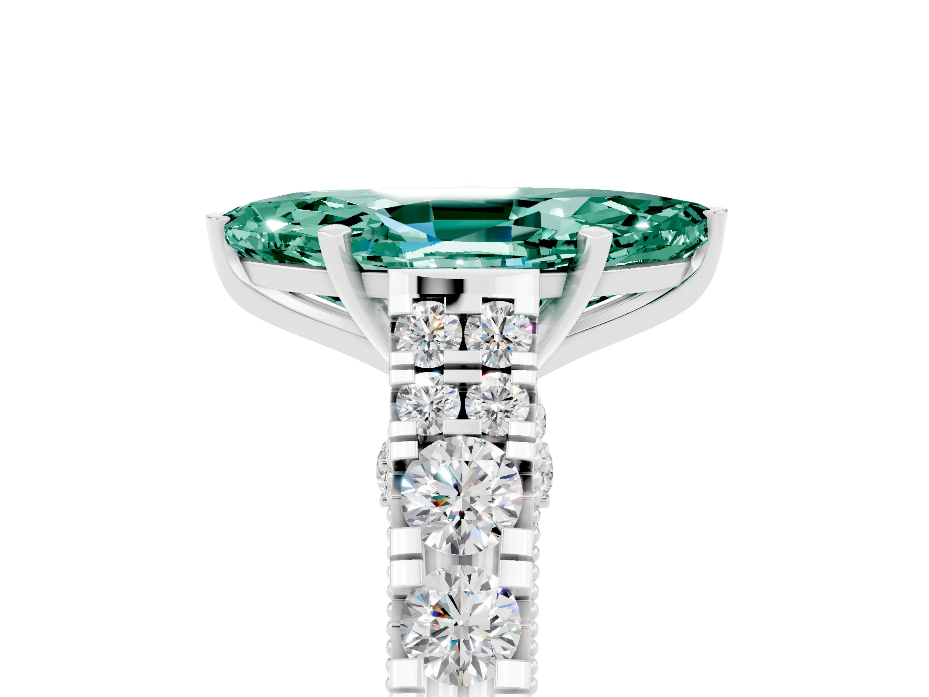 White gold Marquise Cut Green Sapphire Classic Solitaire Ring with Pavé Band and Four-Prong Setting_5