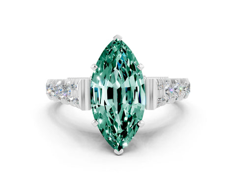 White gold Marquise Cut Green Sapphire Classic Solitaire Ring with Pavé Band and Four-Prong Setting
