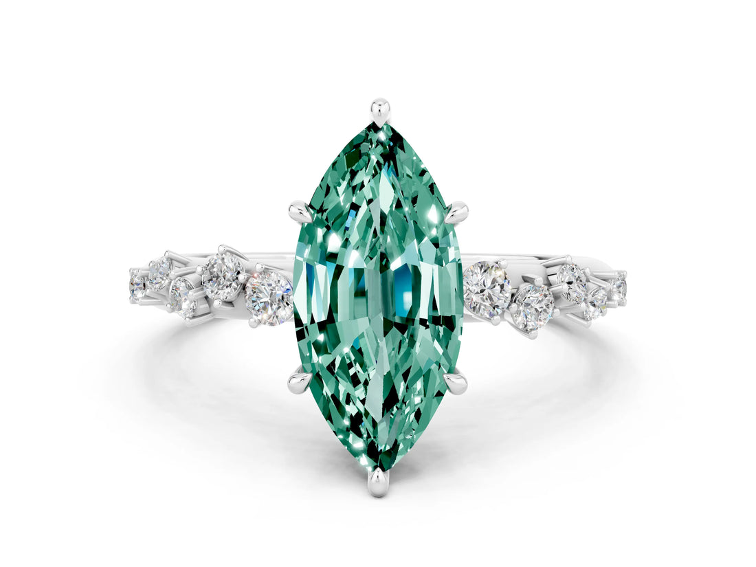 White gold Marquise Cut Green Sapphire Cluster Side Stone Solitaire Ring with Prong Setting_24