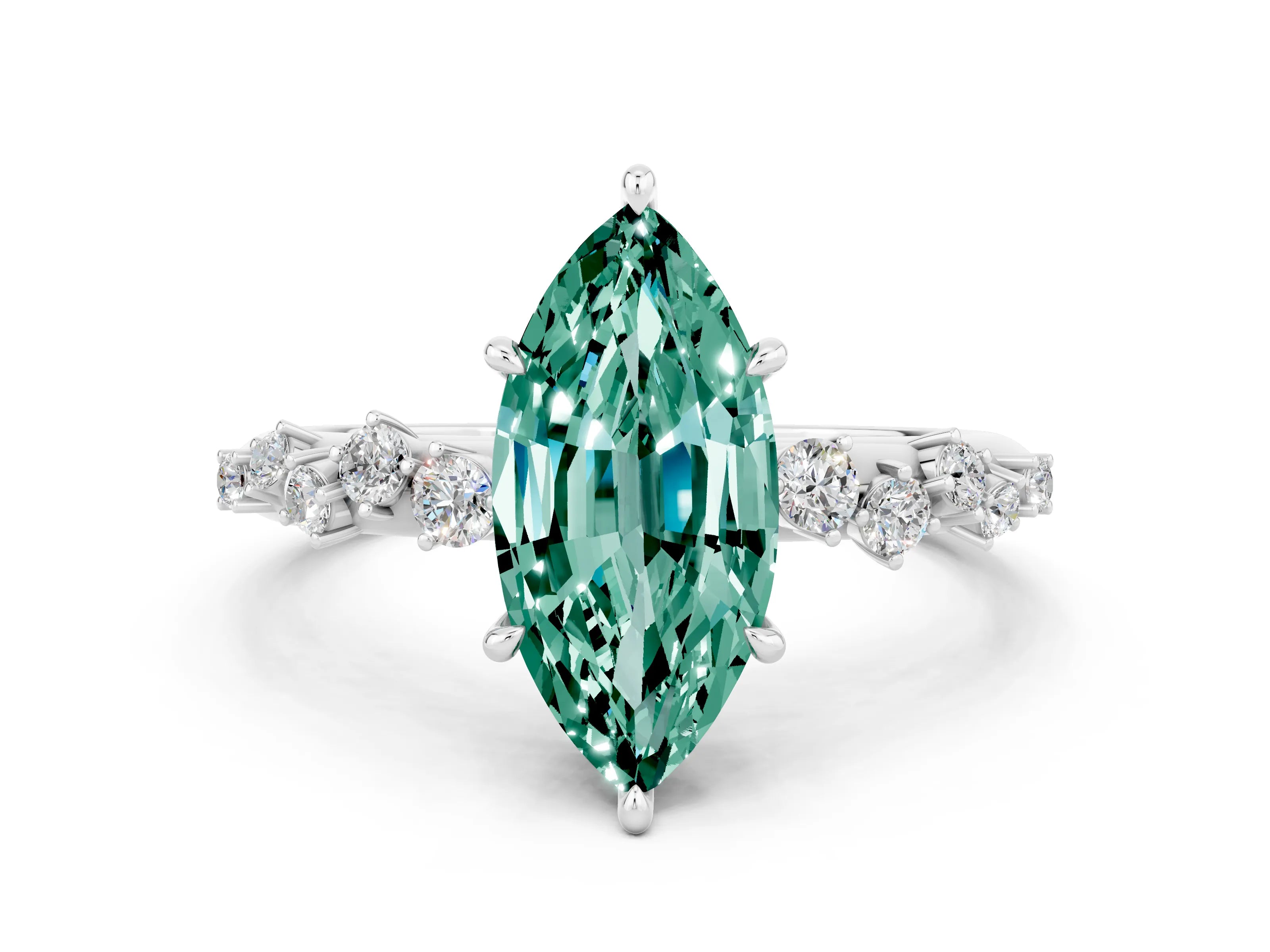White gold Marquise Cut Green Sapphire Cluster Side Stone Solitaire Ring with Prong Setting_24