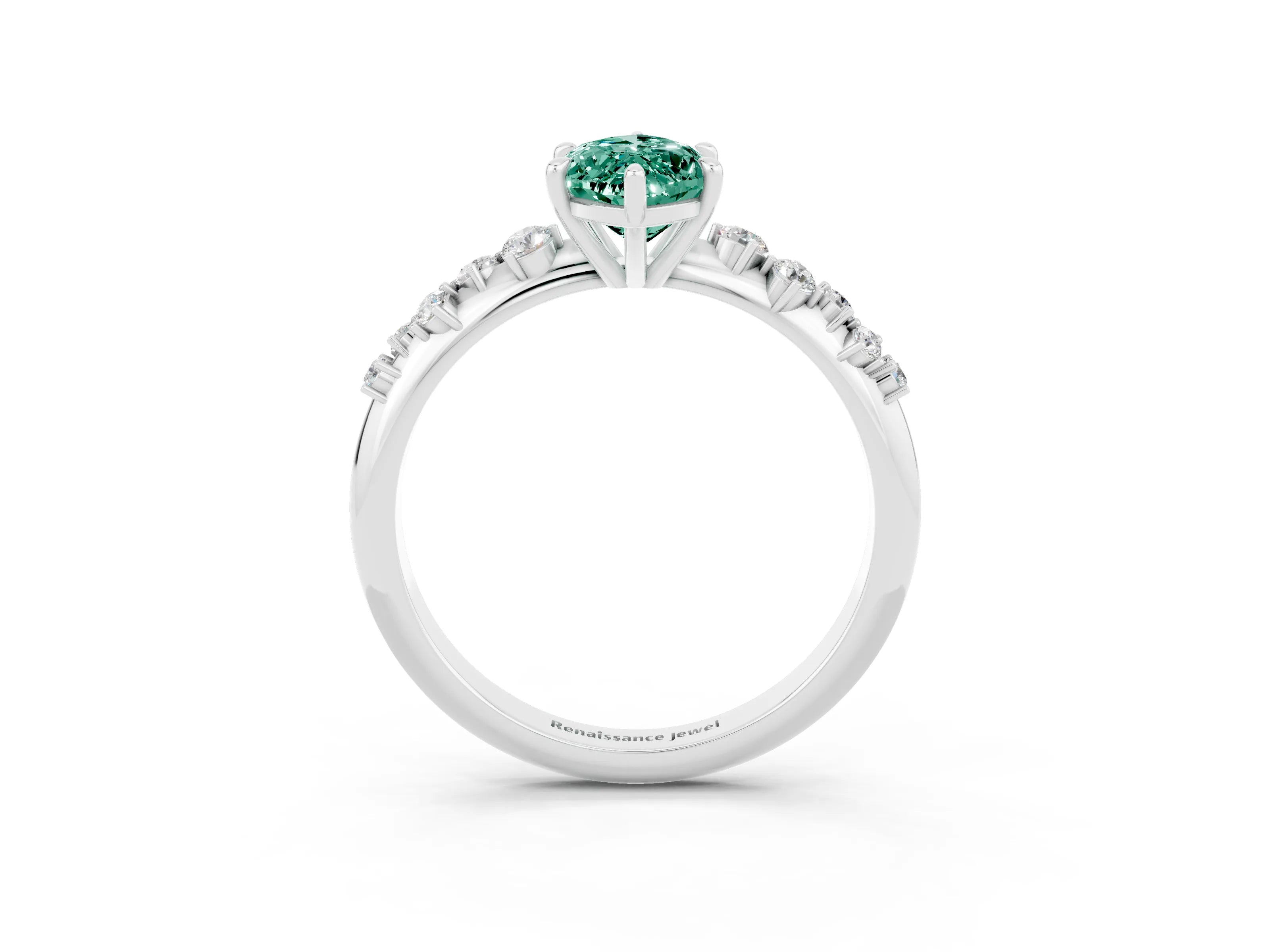 White gold Marquise Cut Green Sapphire Cluster Side Stone Solitaire Ring with Prong Setting_27