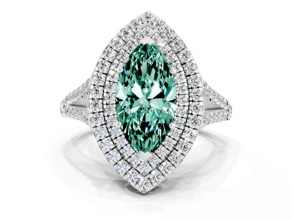 White gold Marquise Cut Green Sapphire Double Halo Ring with Pavé Band and Prong Setting