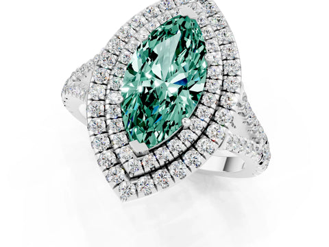 White gold Marquise Cut Green Sapphire Double Halo Ring with Pavé Band and Prong Setting_13