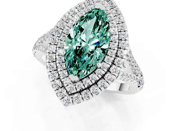 Silver Marquise Cut Green Sapphire Double Halo Ring with Pavé Band and Prong Setting
