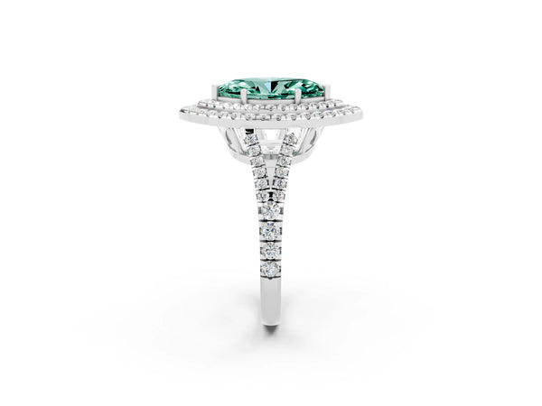 Platinum Marquise Cut Green Sapphire Double Halo Ring with Pavé Band and Prong Setting