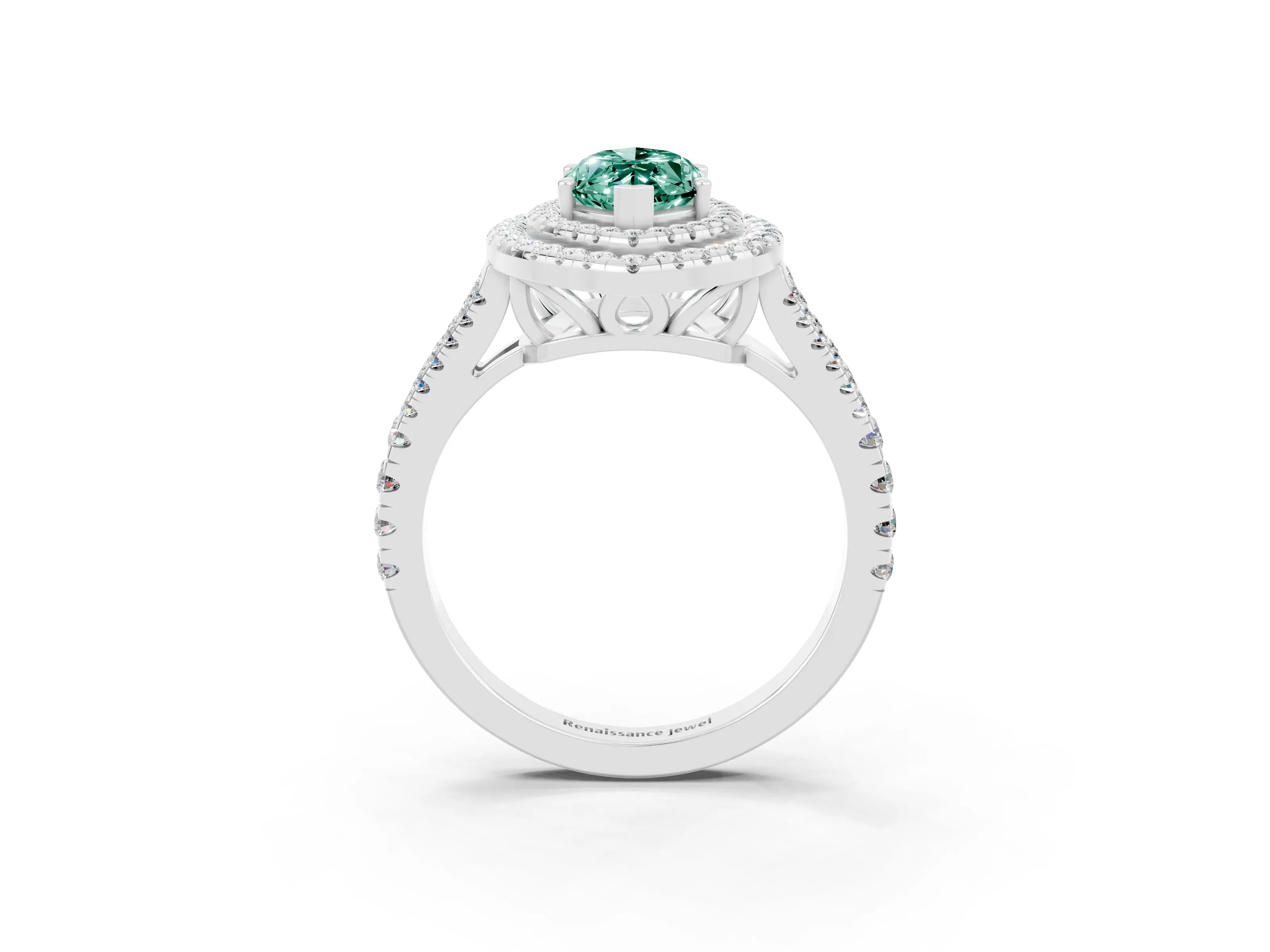 White gold Marquise Cut Green Sapphire Double Halo Ring with Pavé Band and Prong Setting_15