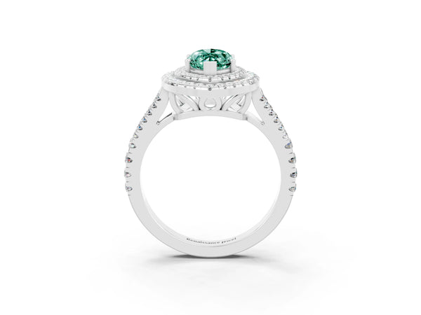 Silver Marquise Cut Green Sapphire Double Halo Ring with Pavé Band and Prong Setting