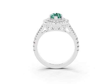 White gold Marquise Cut Green Sapphire Double Halo Ring with Pavé Band and Prong Setting_15