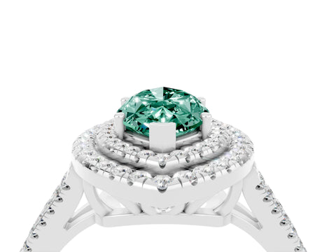 White gold Marquise Cut Green Sapphire Double Halo Ring with Pavé Band and Prong Setting_16