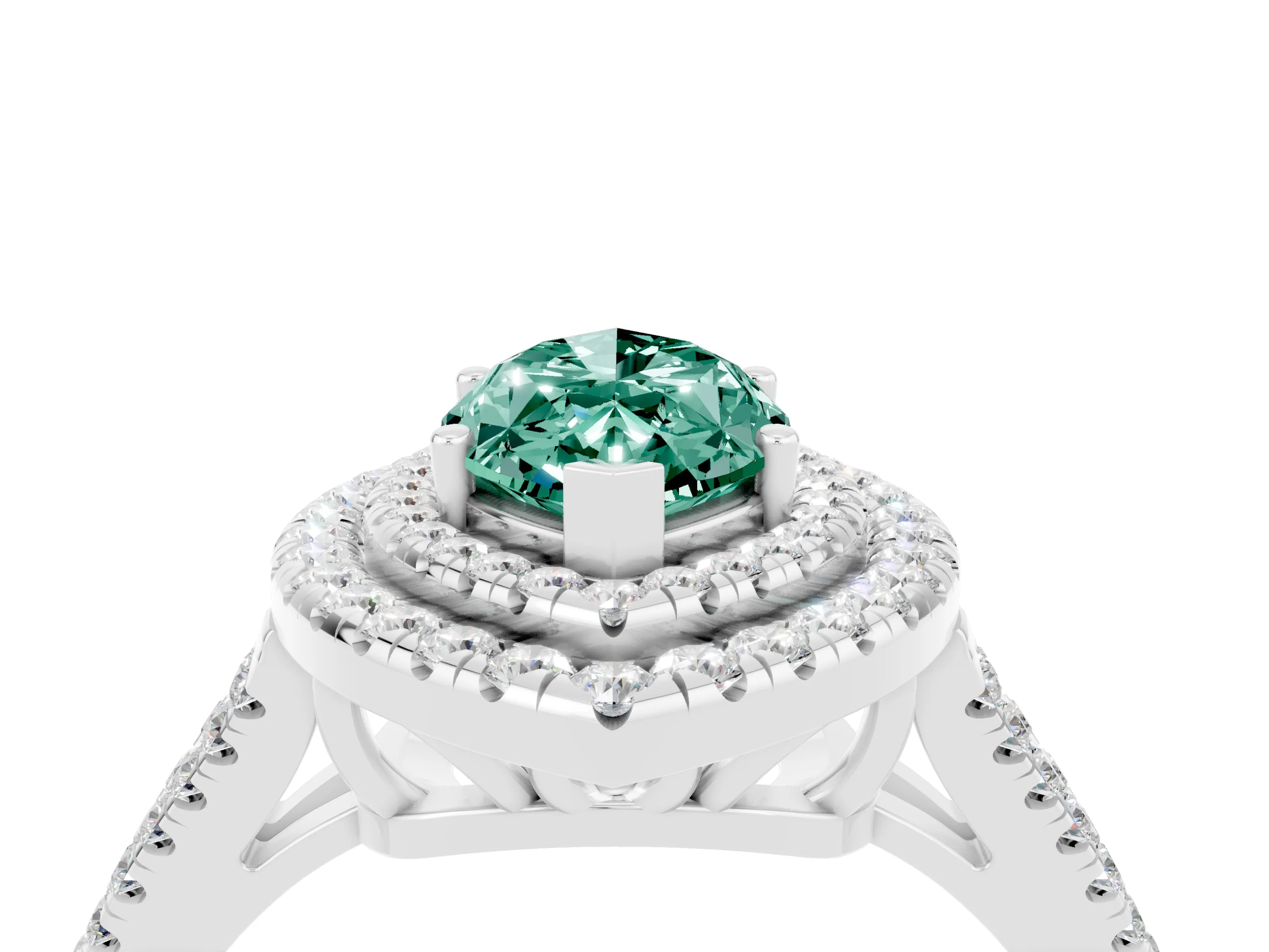 White gold Marquise Cut Green Sapphire Double Halo Ring with Pavé Band and Prong Setting_16