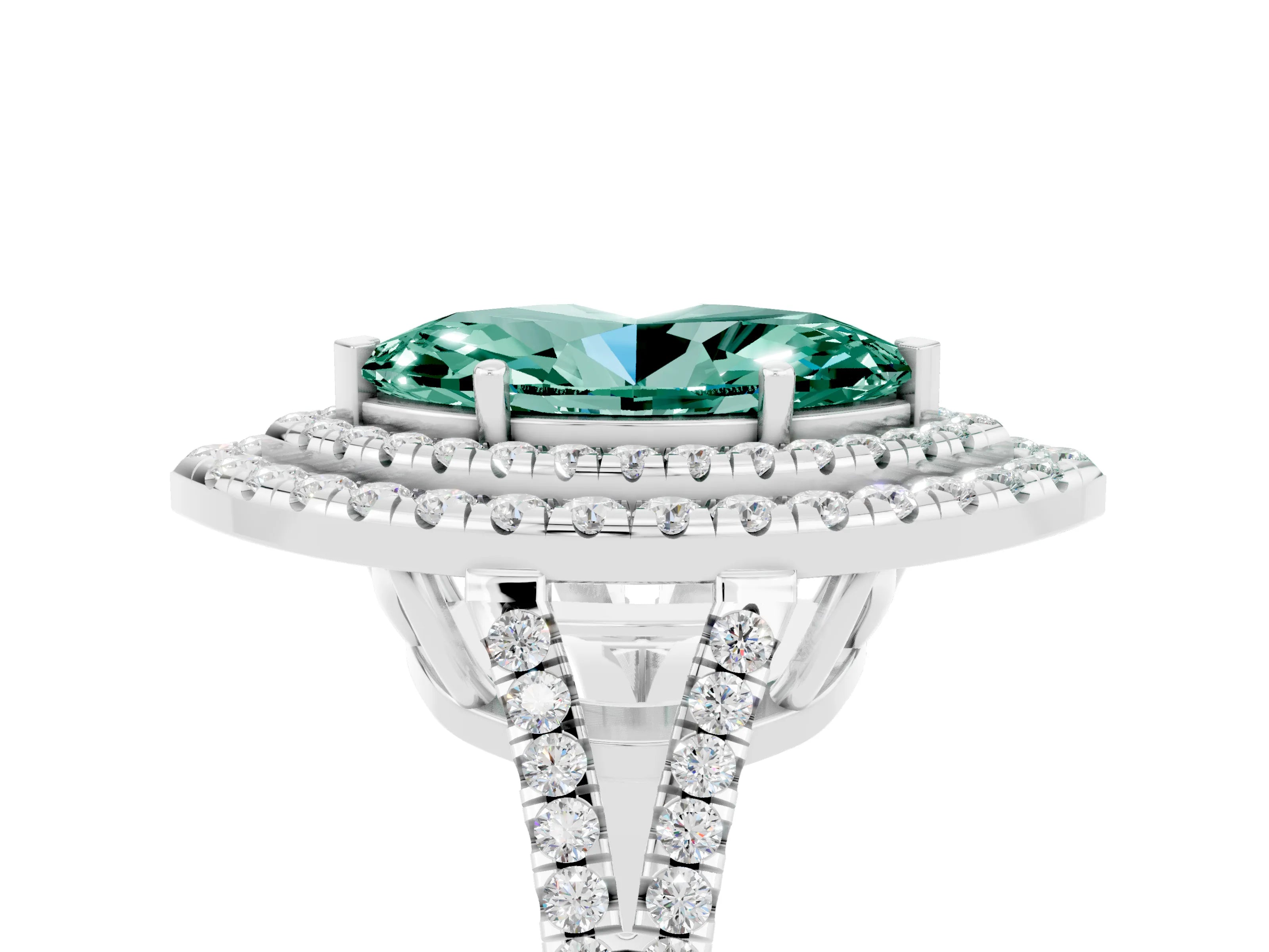 White gold Marquise Cut Green Sapphire Double Halo Ring with Pavé Band and Prong Setting_17