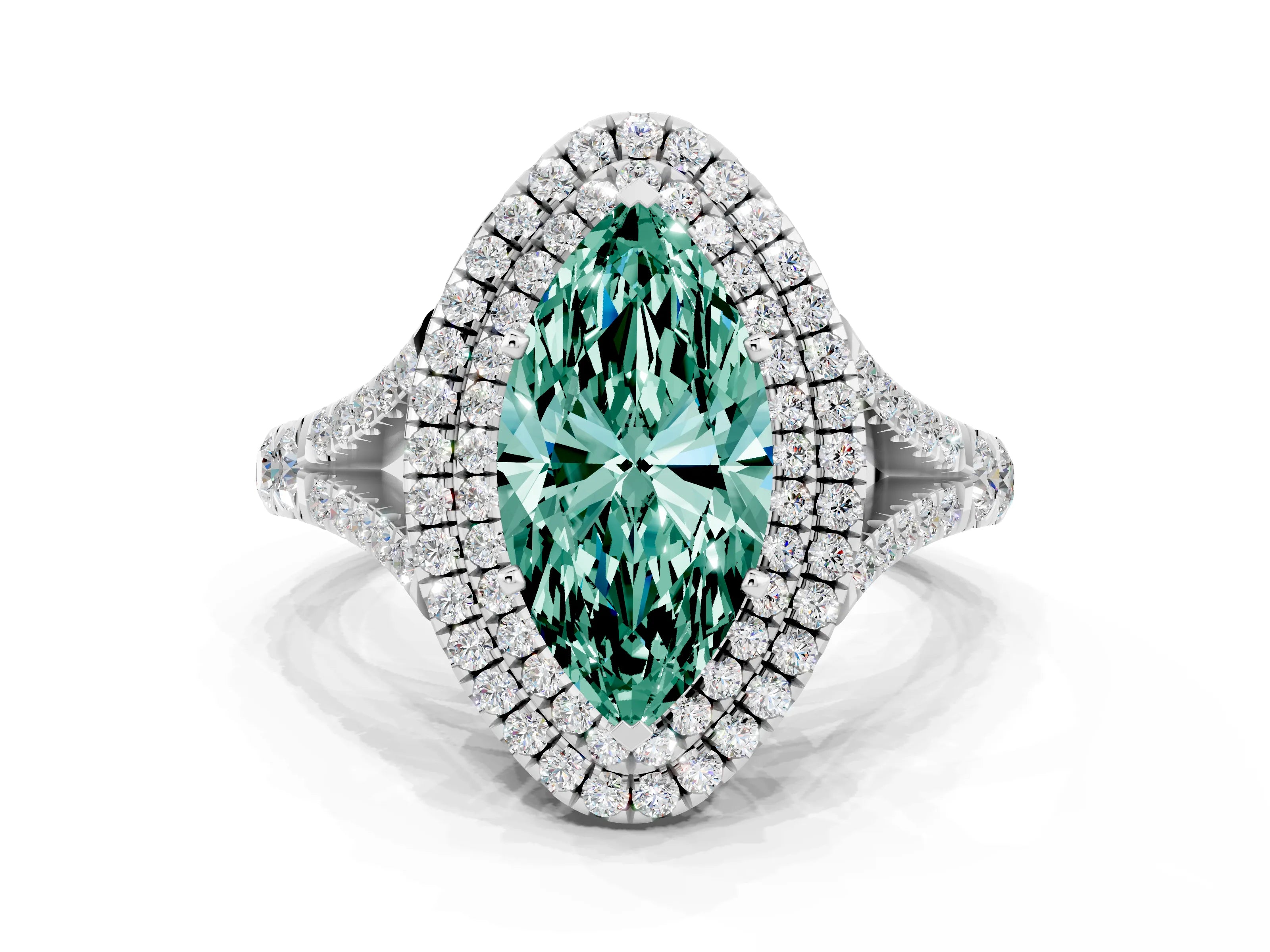 White gold Marquise Cut Green Sapphire Double Halo Ring with Split Shank and Prong Setting_12