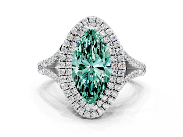 Platinum Marquise Cut Green Sapphire Double Halo Ring with Split Shank and Prong Setting