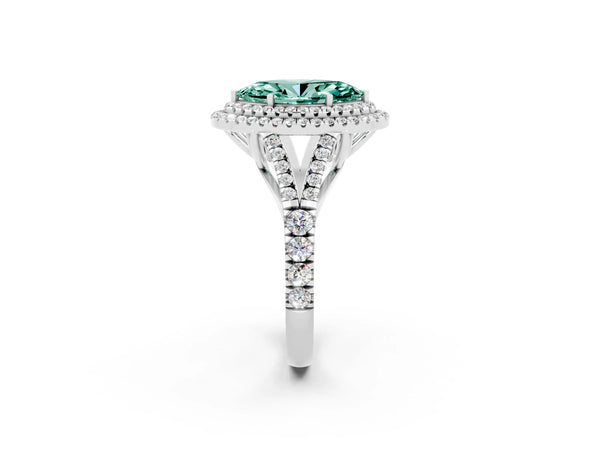 Platinum Marquise Cut Green Sapphire Double Halo Ring with Split Shank and Prong Setting