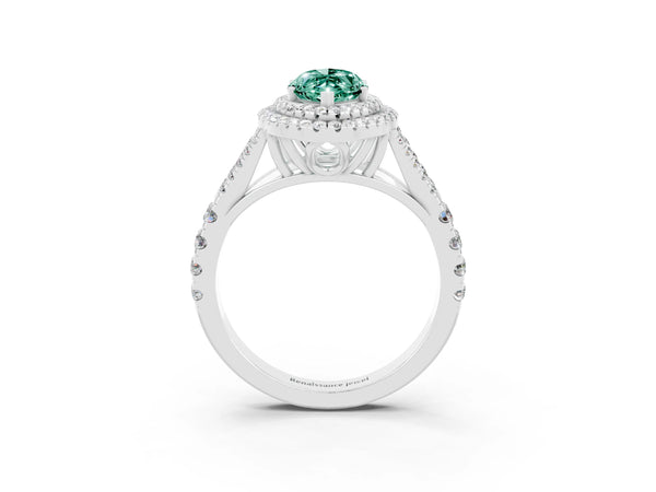 Platinum Marquise Cut Green Sapphire Double Halo Ring with Split Shank and Prong Setting