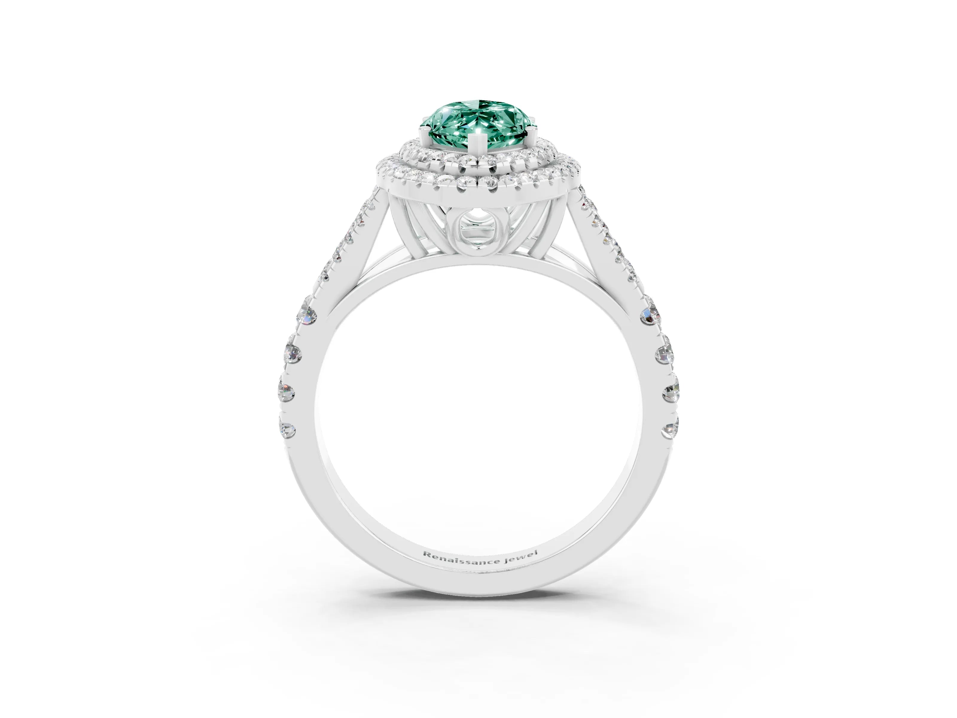 White gold Marquise Cut Green Sapphire Double Halo Ring with Split Shank and Prong Setting_15