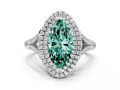 White gold Marquise Cut Green Sapphire Double Halo Ring with Split Shank and Prong Setting_24