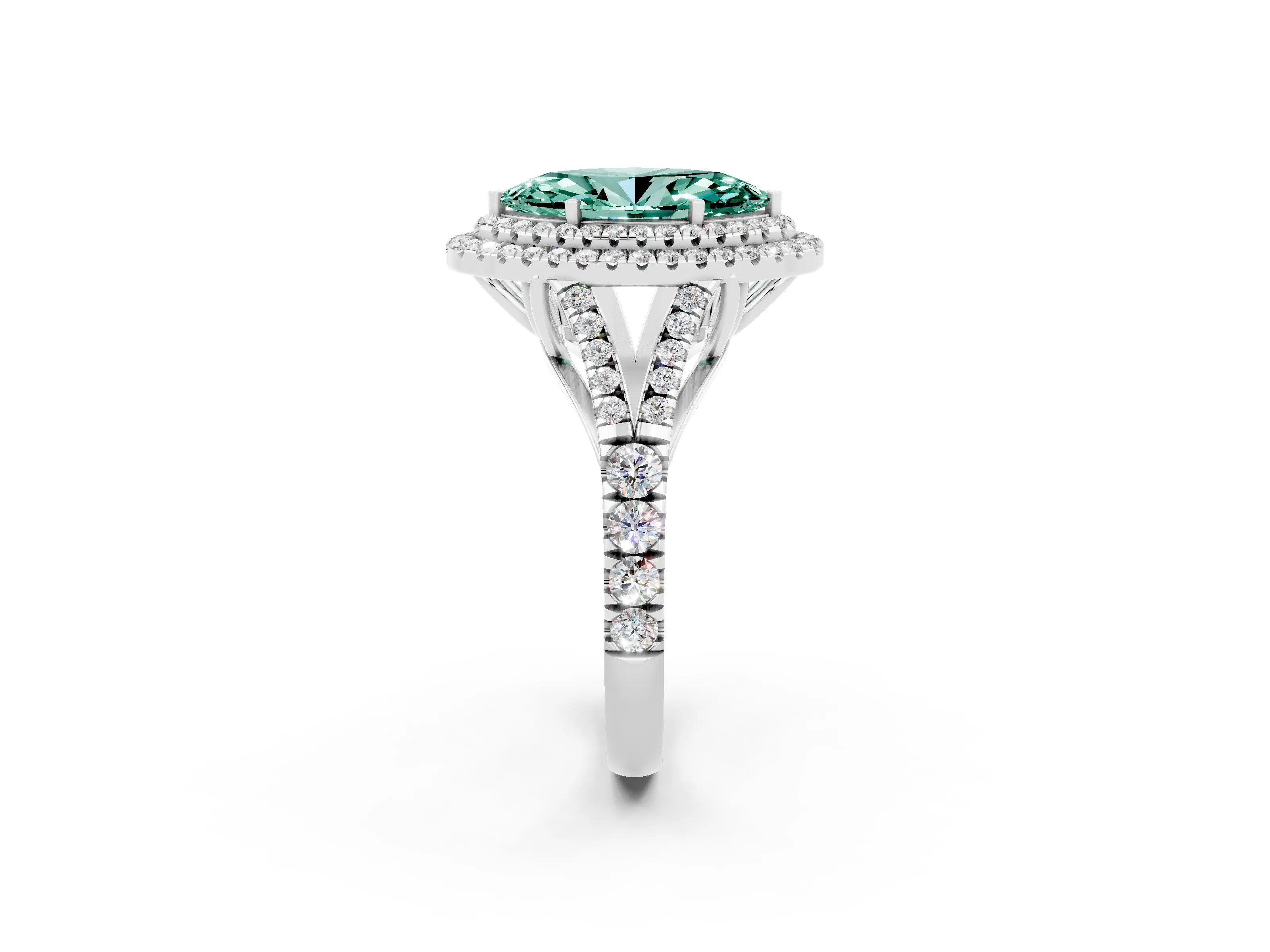 White gold Marquise Cut Green Sapphire Double Halo Ring with Split Shank and Prong Setting_26