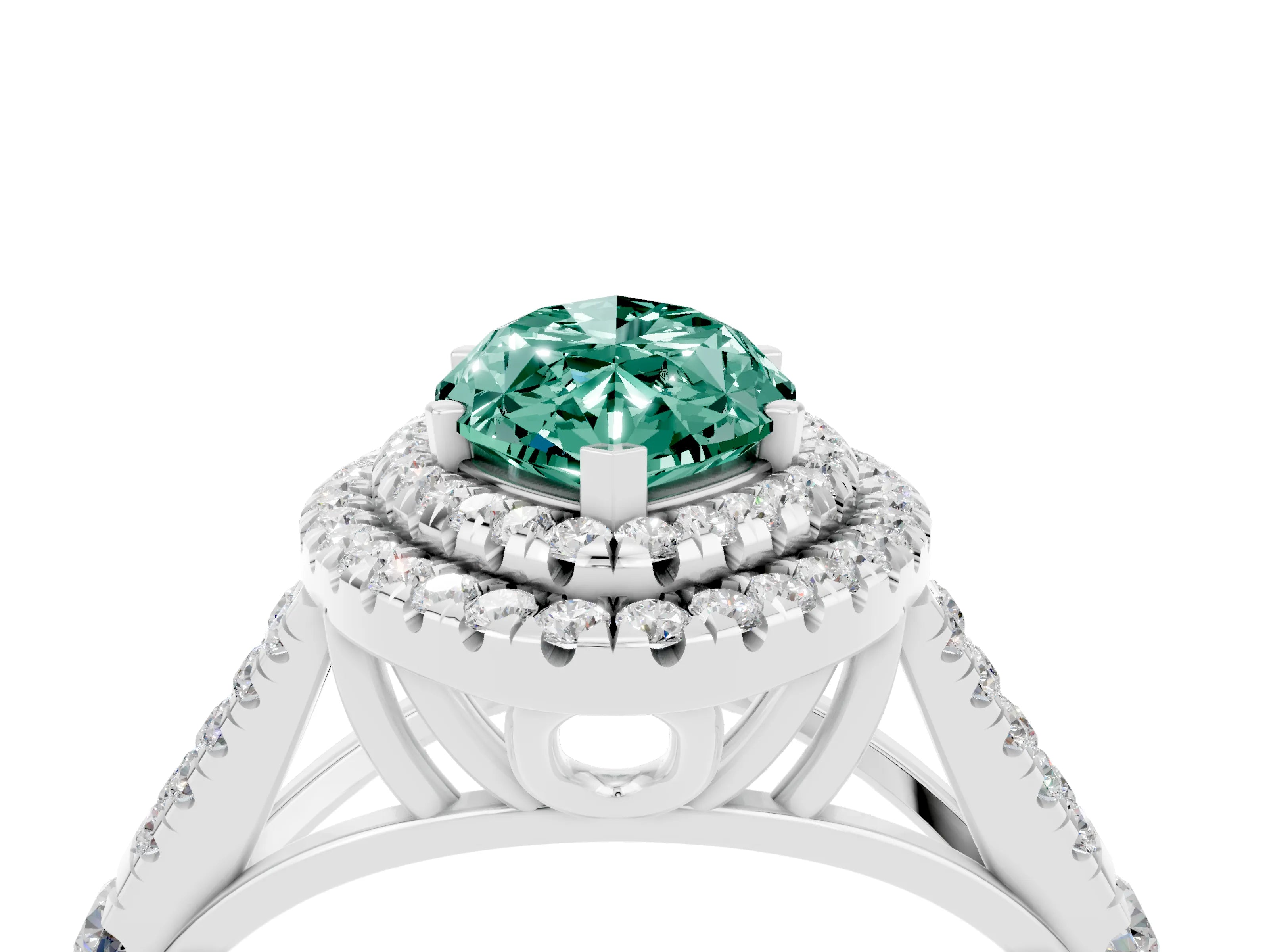 White gold Marquise Cut Green Sapphire Double Halo Ring with Split Shank and Prong Setting_28