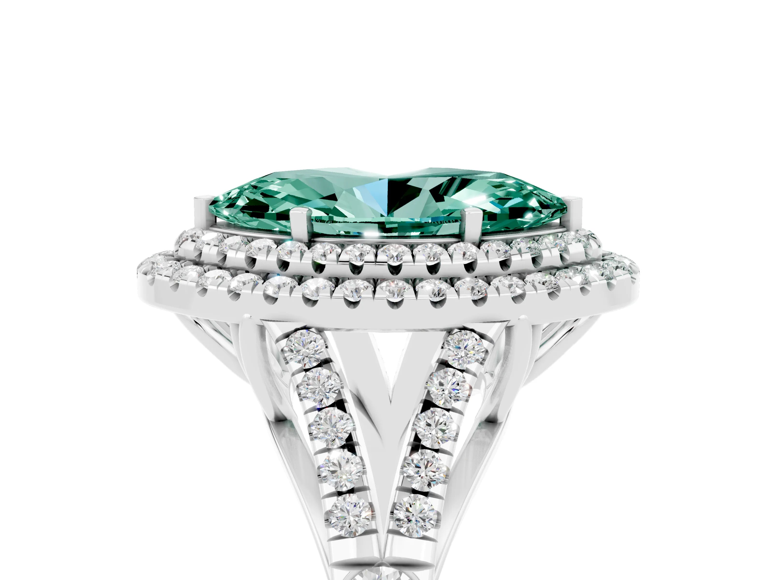 White gold Marquise Cut Green Sapphire Double Halo Ring with Split Shank and Prong Setting_29
