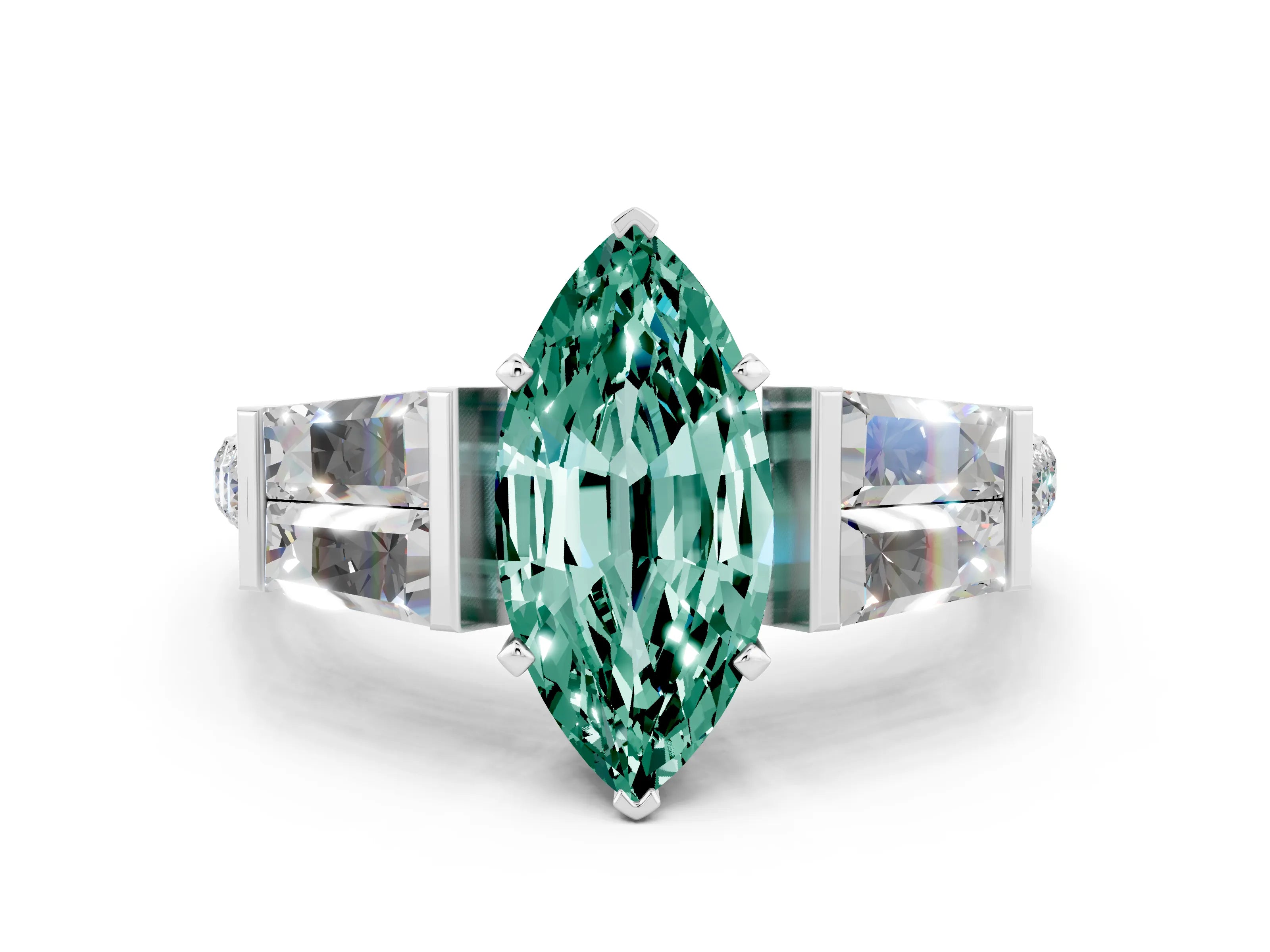 White gold Marquise Cut Green Sapphire Engagement Ring with Baguette Side Stones and Channel Set Band