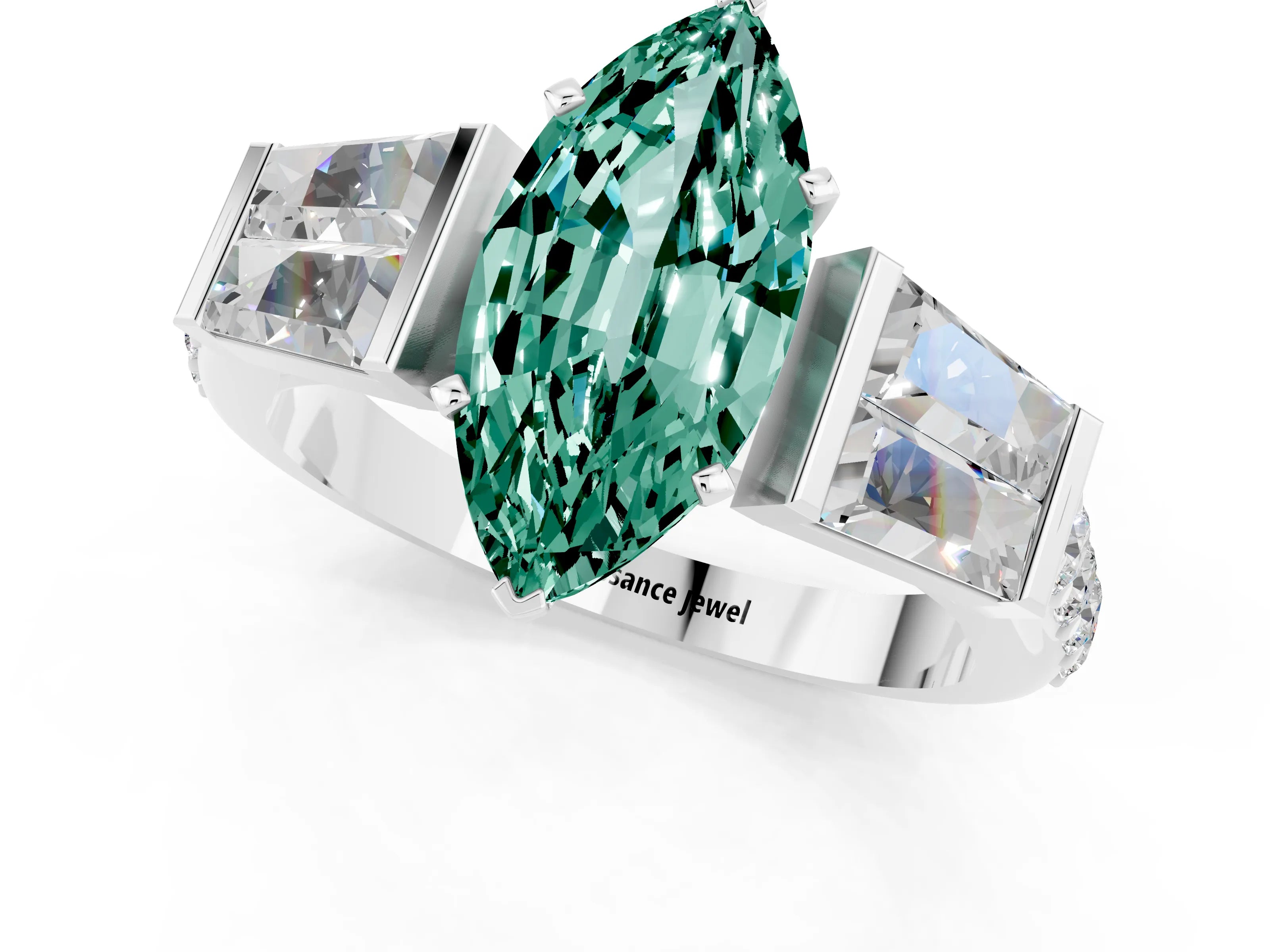 White gold Marquise Cut Green Sapphire Engagement Ring with Baguette Side Stones and Channel Set Band_1