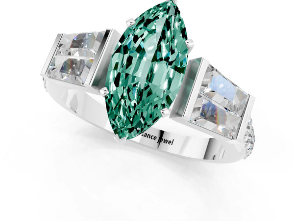 Silver Marquise Cut Green Sapphire Engagement Ring with Baguette Side Stones and Channel Set Band