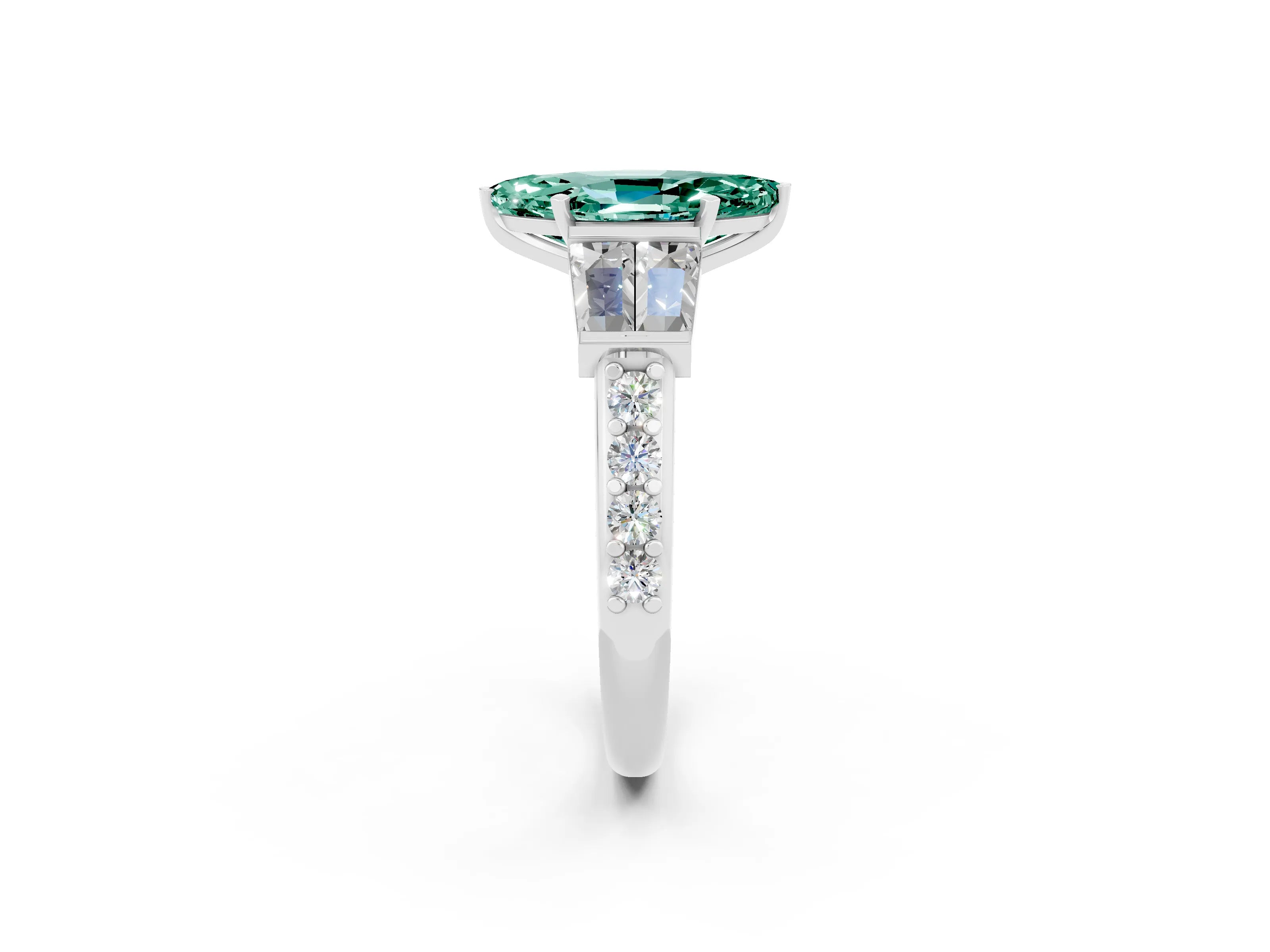 White gold Marquise Cut Green Sapphire Engagement Ring with Baguette Side Stones and Channel Set Band_2