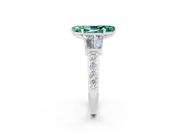 White gold Marquise Cut Green Sapphire Engagement Ring with Baguette Side Stones and Channel Set Band