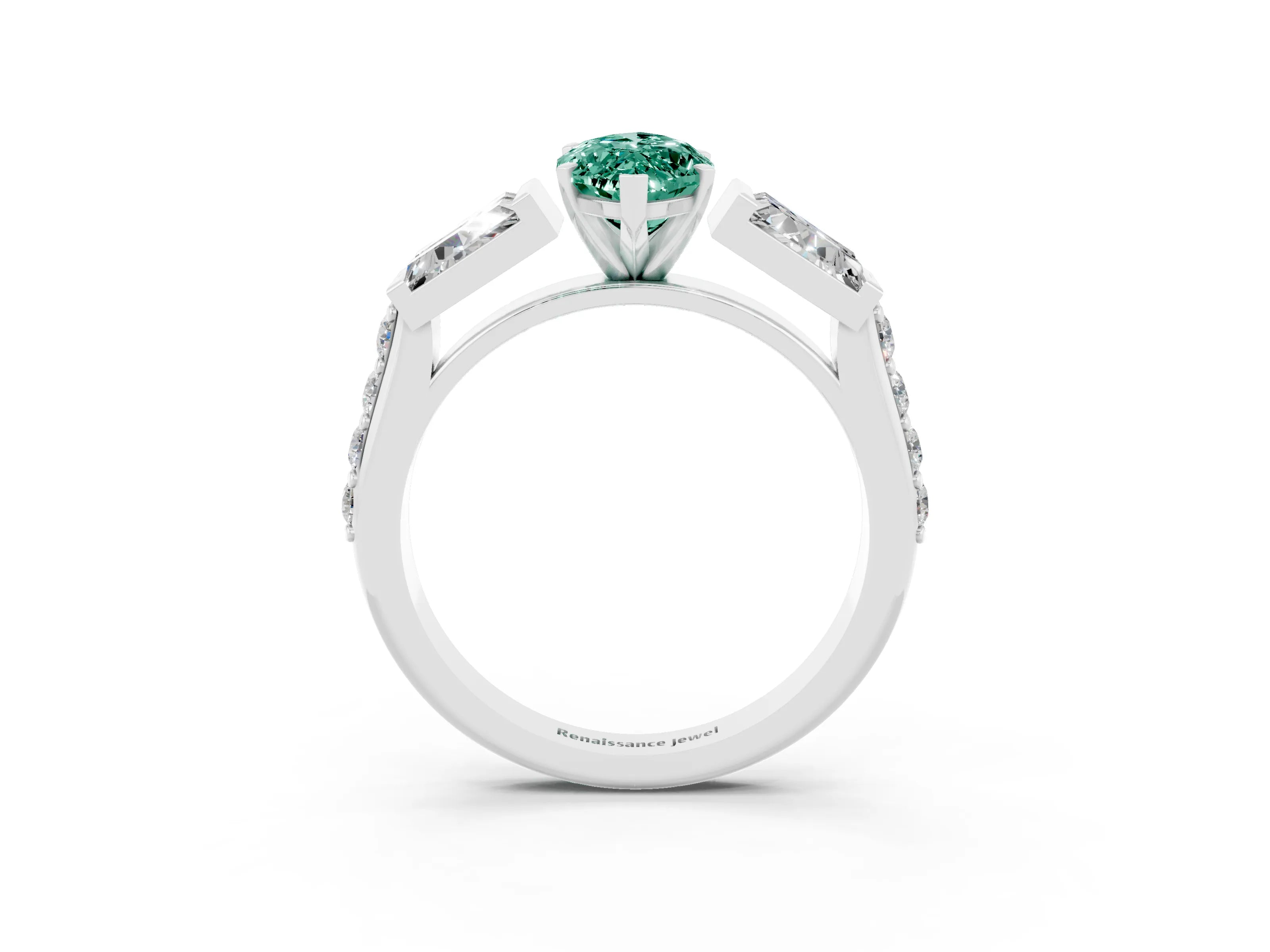 White gold Marquise Cut Green Sapphire Engagement Ring with Baguette Side Stones and Channel Set Band_3